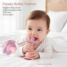 Flower-Shaped Silicone Multi-Function Rattle Toy, Bright Colors With Rattle, Exercises Baby's Visual And Auditory Abilities, Multiple Biting Points Teething Toy, Bottom With Suction Cup - Multicolor - View 3