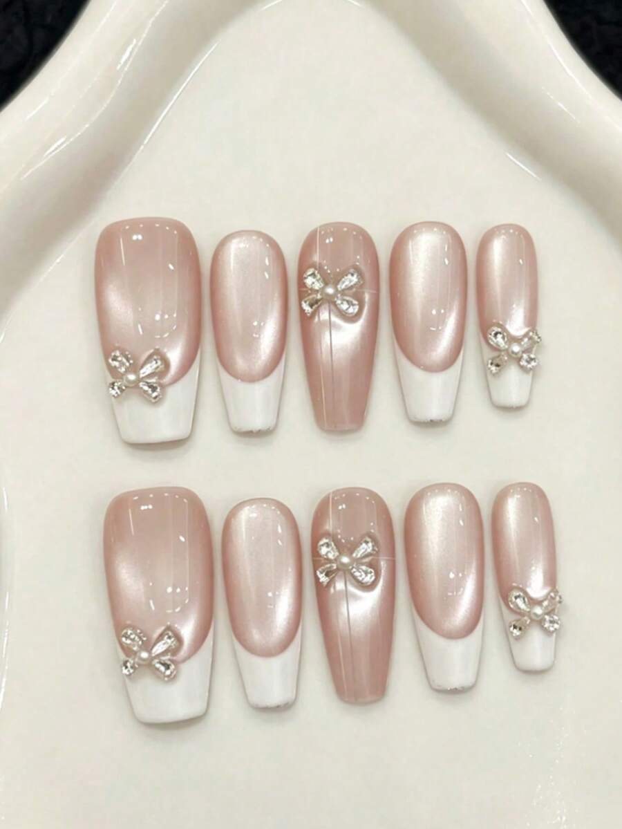 10pcs Medium Almond Handmade Press-On Nails, Pink Base With White French Tips; Simple And Versatile, Suitable For Girls, Women's Daily, Holiday, Party Wear - Pink - View 1