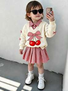 Baby Girl Cherry Bow Print 2 In 1 Long Sleeve Top And Plaid Skirt - Apricot - View 7