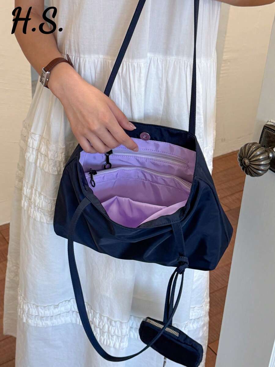 Korean Solid Color Minimalist Hobo Bag With Wallet, Multi-Compartment Lightweight Durable Shoulder Underarm Slouchy Large Capacity Student School