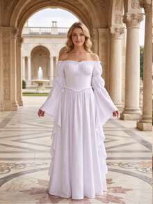 女款復古中世紀宮廷長裙，歐美舞台表演風格，溫柔露肩荷葉邊喇叭袖洋裝 - 白色 - 查看 10
