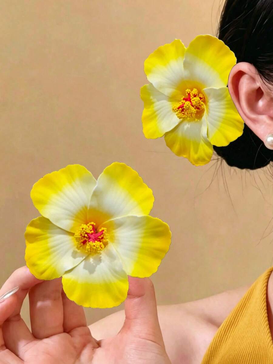 2入女款漸層黃色扶桑花熱帶花卉髮夾，夏季海灘度假旅行日常節日派對髮飾