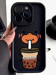 1pc Cute Duck Drinking Milk Tea Matte Phone Case Compatible With Apple 11/12/13/14/15/16/17 Pro Max - Black - View 1