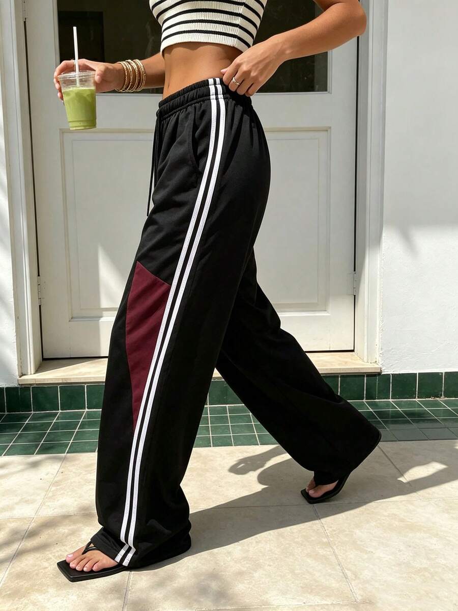 Women's Autumn Clothing, Geometric Pattern Decoration, Side Stripe Design, Drawstring Waist, Commute, School, Office Wear, Y2K Style, Sporty Casual Wear - Black - View 1