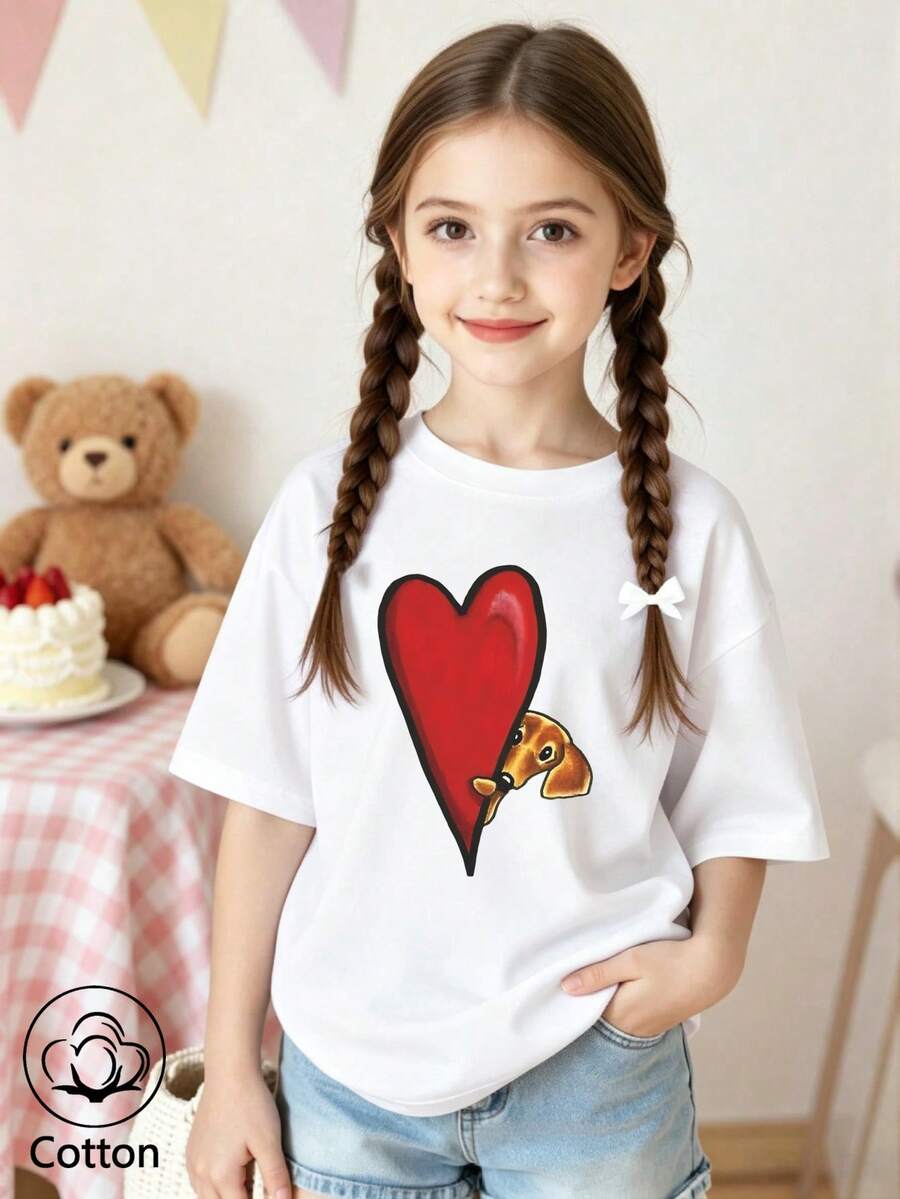 Sommer & Herbst Mädchen Baumwolle Kurzarm T-Shirt, süß und mädchenhaft im Preppy-Stil mit lustigen bedruckten Grafiken - Weiss - Übersicht 1