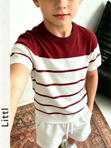 Teen Boys Classic Burgundy And White Striped All-Match Knit Top, Casual Short Sleeve Knit Pullover, Suitable For Everyday Versatile Style - Multicolor - View 7