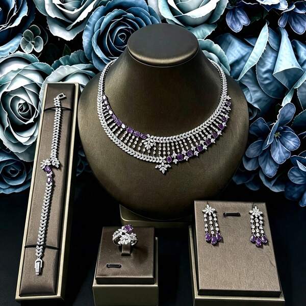 Juego de Joyas de 4 Piezas con Colgante de Borlas de Cobre y Circonita Cúbica Blanca, Collar, Pendientes, Pulsera y Anillo. Juego de Collar de Lujo. Adecuado para Mujeres, Fiesta Nocturna, Boda, Regalo del Día de San Valentín
