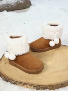 1 Pair Kids Winter Snow Boots, Fashionable Minimalist Design With Ball Pendant, Student Children Boots - Khaki - View 1
