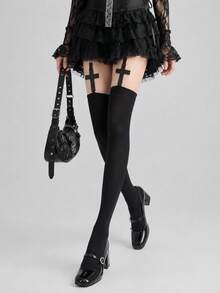 1/2 paires de bas cuissardes gothiques à croix, chaussettes noires/blanches souples et extensibles auto-tenant au-dessus du genou pour Lolita, rue, fête & port quotidien - Multicolore - Voir 11