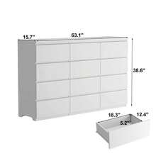 12 DRAWER CHEST FEATURES SMOOTH METAL DRAWER SLIDES AND A WIDE WOODEN CABINET, OFFERING AMPLE STORAGE SPACE. IT'S PERFECT FOR USE AS A BEDROOM DRESSER OR VANITY, AND COMES WITH UNIQUE RECESSED HANDLES AND STURDY LEGS. - White - View 7