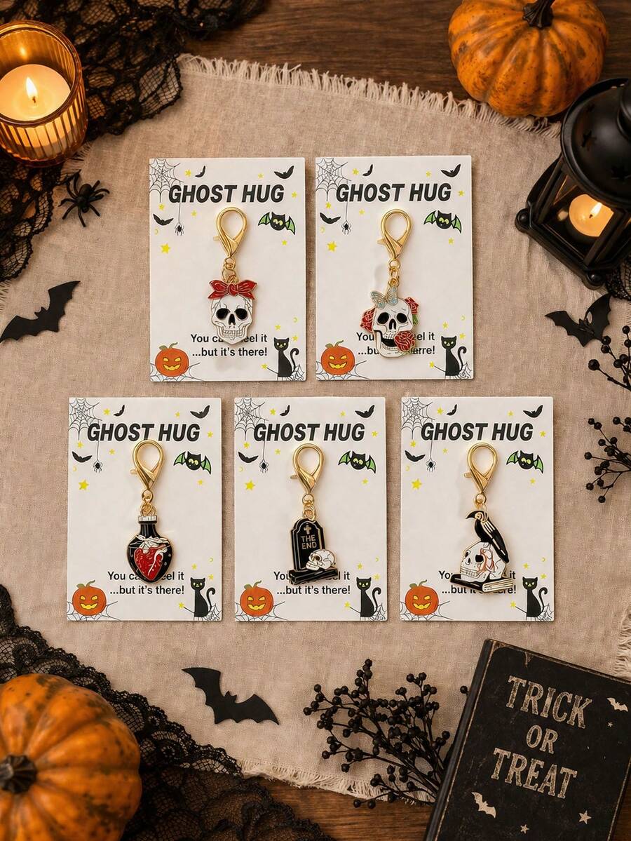 1/5/10 pièces, Ensemble de cartes cadeaux porte-clés d'Halloween, breloque de crâne squelette gothique avec carte de vœux, porte-clés de sac effrayant, cadeau unique pour fête d'Halloween - Multicolore - Voir 1