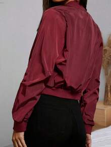 Women's Zipper Short Flight Jacket, Autumn Casual Street Style Lightweight Solid Color Regular Fit Baseball Collar Jacket - Burgundy - View 8