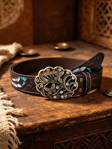 1pc Bohemian Hollowed Out Floral Buckle With Painted Feather Print PU Belt, Available In Brown And Burgundy Colors, Suitable For Travel Wear, Unisex - Multicolor - View 6
