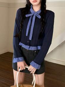 Bow Tie Lace-Up Plaid Patchwork Short Long Sleeve T-Shirt - Navy Blue - View 3