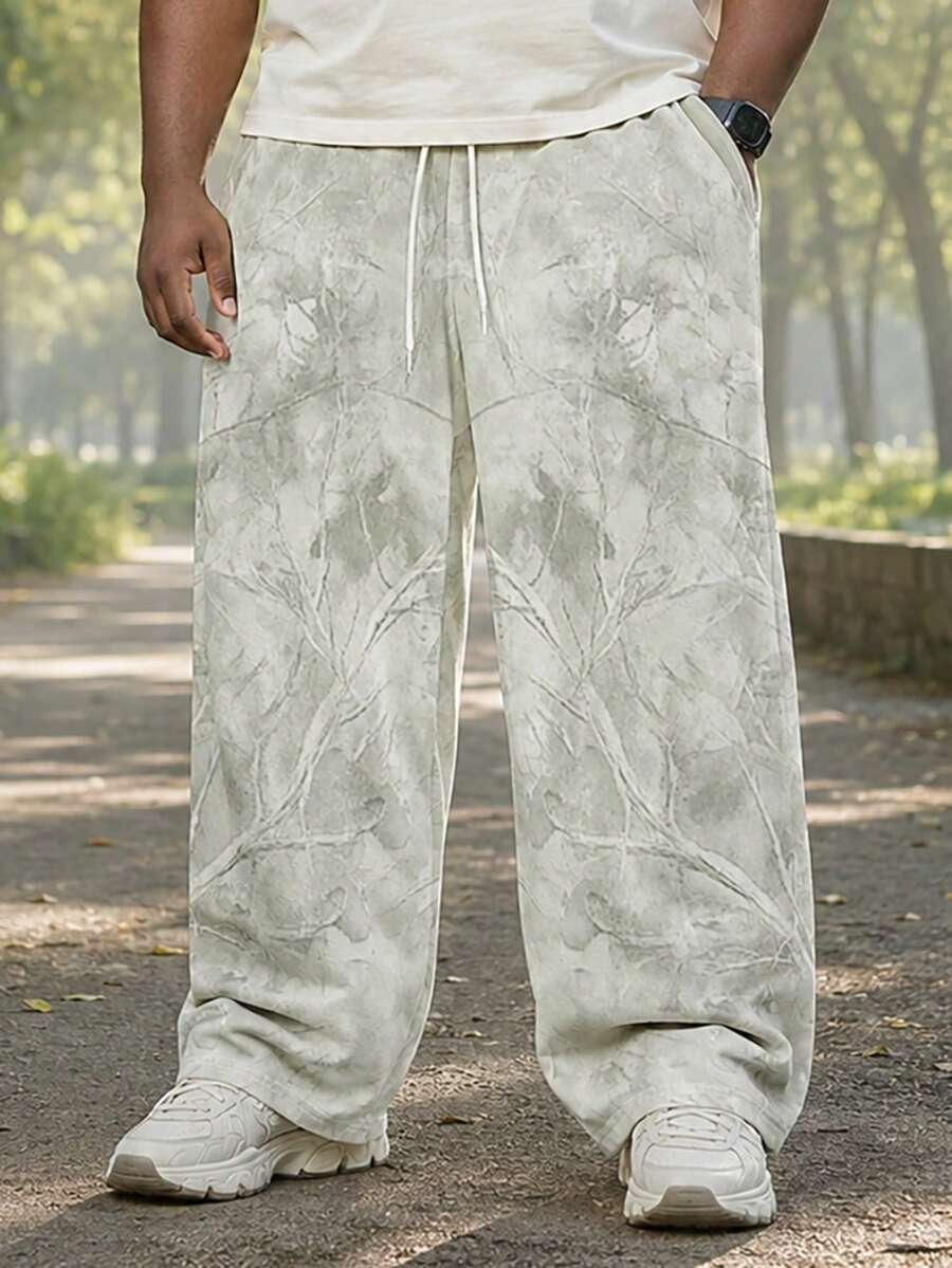 男士大尺碼休閒時尚日常通勤灌木枝條印花抽繩腰長褲，寬鬆透氣，適合大尺碼身形戶外旅行 - 0.霧綠 - 查看 1