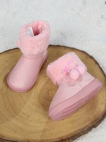1 Pair Children's Winter Snow Boots, Fashionable Minimalist Design With Ball Pendant, Student Kids Boots - Pink - View 1