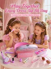 1 Set Little Girl Dress-Up Makeup Toy Set, Princess Gradient PU Grid Handbag, 24pcs Simulated Makeup Set, Girls Stage Performance Role Play Toy, Suitable For 3-6 Years Old Girls, Includes Comb, Glasses, Lipstick, Perfume, Mirror, Etc., Christmas Birthday Gift, Not Real Makeup - Jewelry Set - View 4