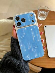 1 buah Casing Ponsel Motif Bintang Jatuh Berkilau Tekstur Kulit Leci Biru Muda dengan Bingkai Perak, Dua Warna, Mengkilap, Lembut, Perlindungan Lensa Jendela Besar Anti Jatuh, Tanpa Rantai, Kompatibel dengan Semua Model Apple, Gaya Korea Ins yang Segar dan Menawan - Perak - View 2