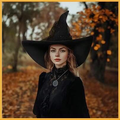 1pc Black Satin Wizard Pointed Hat, Decorated With Sparkling Star Mesh Veil, Wide Brim To Flatter Face Shape, Minimalist Dark Style, Versatile Atmosphere Decor For Halloween Party And Witch Theme Photoshoot