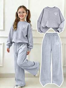 2pcs/Set Girls Minimalist Casual Heart Print Crew Neck Sweatshirt & Pants Set, Autumn/Winter Fashion Comfortable Style - Grey - View 3