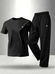 Plus Size 2-Piece Set T-Shirt And Straight Leg Pants Outfit "Hook U" Small Logo Print Men's Casual Short Sleeve Knit T-Shirt And Sweatpants Set, Spring/Autumn Men's Wear, Machine Washable - Black - View 2