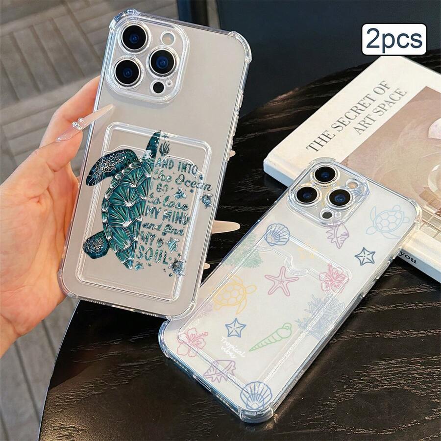 2pcs Ocean Print Card Holder Phone Case TPU Shockproof Full Coverage Precise Protection Cover Compatible With Apple 11/12/13/14/15/16/17 Pro Max - Clear - View 1