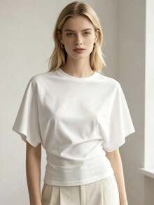 White Ruched Waist T Shirt For Women Casual Summer Top Versatile Clean Aesthetic Daily Wear School Beach Vacation Home Lounge Tee - 白色 - 查看 7