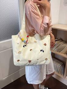 Dedoo 帆布托特包，卡通刺繡，彩色繩飾，大容量，校園背包，大學校園，休閒韓風學生單肩包 - 黃色 - 查看 8