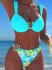 New Floral Print, Metal Shell Strap Bikini Set, Sexy Casual Top And Solid Color Bottoms, Suitable For Beach, Pool Party Vacation Summer - Baby Blue - View 3