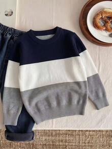 Sweater Pullover Bergaris Warna Blok Gaya Preppy untuk Anak Laki-laki, Cocok untuk Sekolah, Musim Gugur dan Musim Dingin - Navy Blue - View 4
