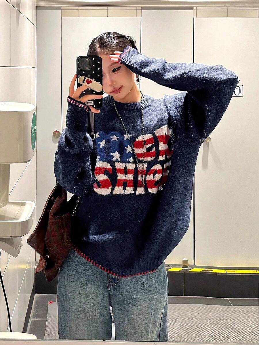 American Vintage Letter Flag Crew Neck Knit Sweater, Clean Fit Slouchy Loose Casual Pullover, Brand Tops