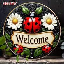 1 buah Papan Selamat Datang Taman Datar 2D, Papan Dekoratif Bunga Bulat, Papan Logam Pola Kumbang - Papan Selamat Datang Seni Dinding Logam Rustic, Dekorasi Logam, Cocok Untuk Rumah, Garasi, Restoran, Kafe Dekorasi Dinding, Dekorasi Halloween Natal Datar 2D, Posisi Lubang Acak - A - View 2