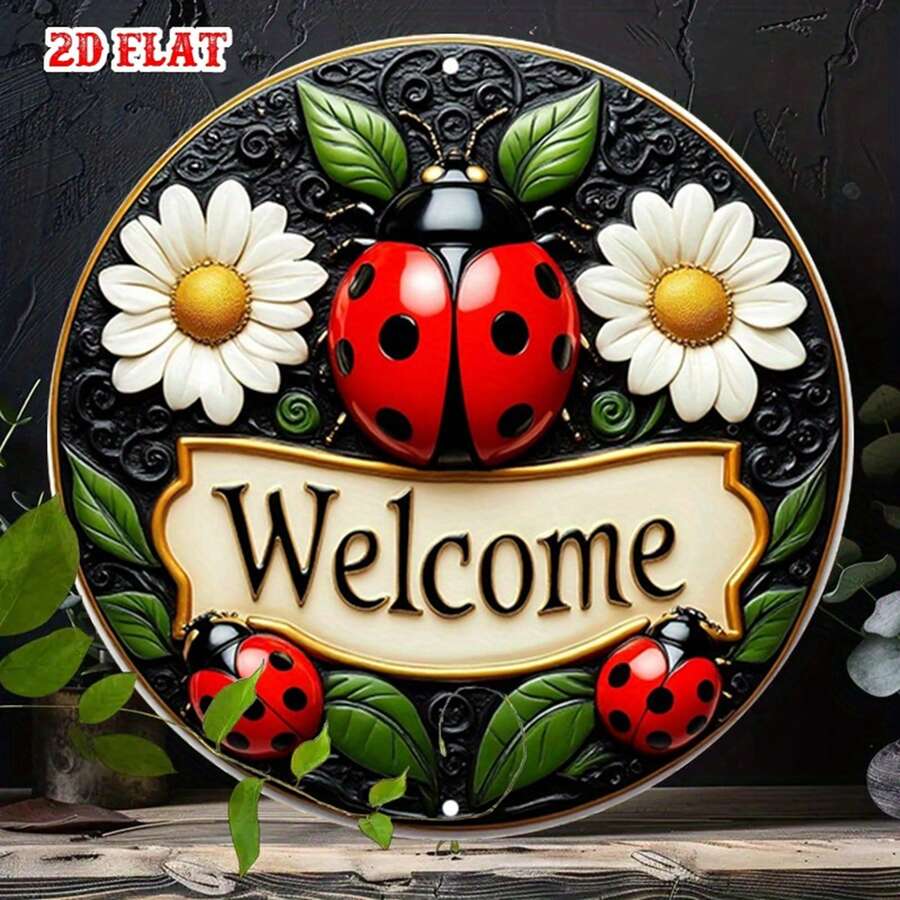 1 buah Papan Selamat Datang Taman Datar 2D, Papan Dekoratif Bunga Bulat, Papan Logam Pola Kumbang - Papan Selamat Datang Seni Dinding Logam Rustic, Dekorasi Logam, Cocok Untuk Rumah, Garasi, Restoran, Kafe Dekorasi Dinding, Dekorasi Halloween Natal Datar 2D, Posisi Lubang Acak