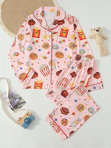 Teen Girls Cute Snack Print Button Front Long Sleeve Pajama Set, 2-Piece Set Lapel Top + Pants, Soft Loungewear, Suitable For Spring, Autumn, Winter Home Wear - Pink - View 3