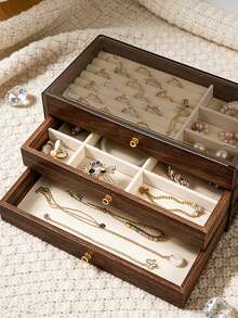 1pc 3-Tier Vintage Walnut Wood Jewelry Box, Drawer Style Jewelry Organizer Box For Rings, Earrings, Necklaces, Bracelets, Elegant Transparent Plastic & Velvet Drawers Jewelry Storage Box - Multicolor - View 10