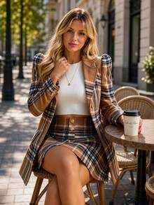 DAXIDA Elegant Women's Plaid Mini Skirt Suit Set With Long Sleeve Collar Blazer And Button Details, Perfect For Fall - 向日葵色 - 查看 4