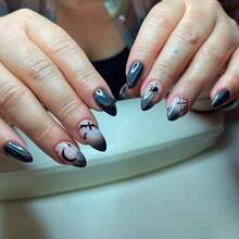 Elevate Your Look,Halloween 24Pcs Short Almond Full Coverage Glossy Laser Cat's Eye False Nails,Black Gradient Ombre Spider-Bat Design Nail Art,Simple, Cute And Stylish Press On Nails - Black - View 8