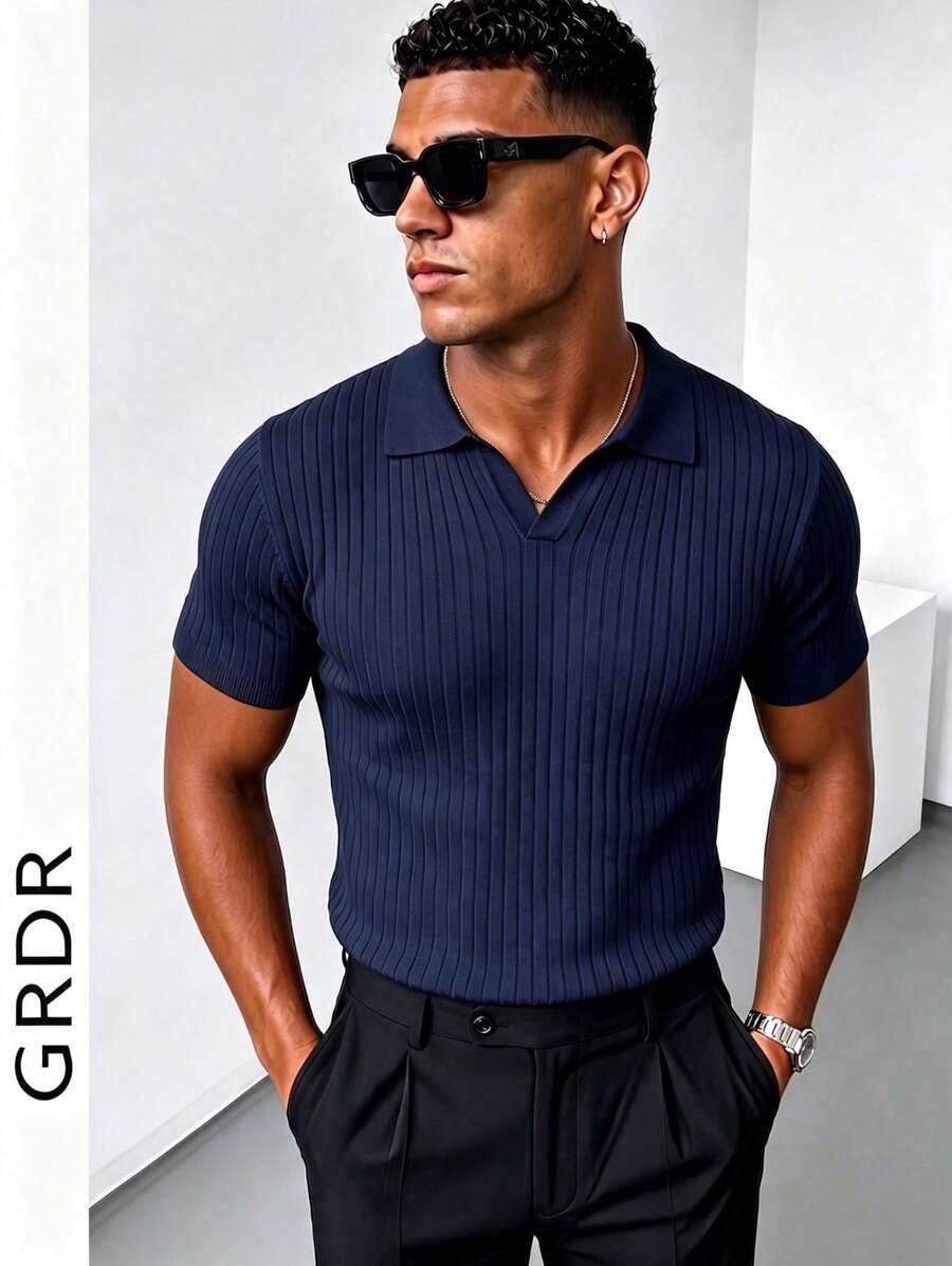 GRDR 男士夏季纯色 Polo 领短袖针织衫，适合夏季外出穿着，时尚造型必备单品
