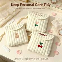 1pc Cute Cartoon Embroidered Sanitary Pad Storage Bag, Large Capacity Portable Women's Period Pouch, Travel Gift For Girls - Multicolor - View 3