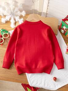 Young Girl Cute Christmas Reindeer Jacquard Knit Crew Neck Pullover Sweater Long Sleeve, Suitable For Daily Wear, Party, Spring, Autumn, Winter - Red - View 2