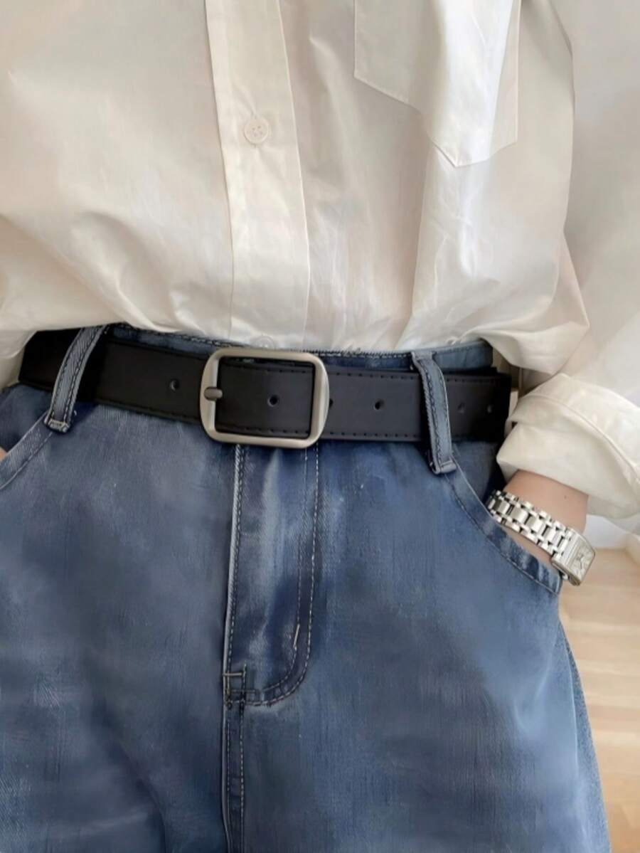 1pc Unisex Black Retro Pin Buckle PU Belt Jeans Belt Men's Young Simple All-Match Belt Women - Black - View 1