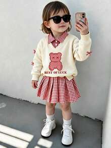 Baby Girl Bear Print 2 In 1 Long Sleeve Top And Plaid Skirt - Apricot - View 8