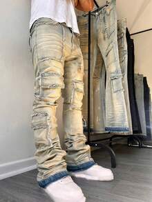 Men's Distressed Washed Frayed Multi-Pocket Cargo Flared Jeans, American High Street Stacked Vintage Flared Long Pants, Streetwear Cargo Denim Trousers - Yellow - View 1