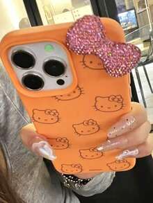 Sanrio 卡通蝴蝶結 Hello Kitty 蘋果 16 Pro Max 手機殼，極具吸引力的粉色保護殼，適合女孩，相容 iPhone 17/15 Pro Max/14/13/12，全方位防護 - 橘色 - 查看 2