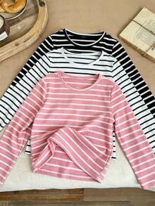Girls 3PS Striped Long Sleeve T-Shirt, Round Neck Soft Basic Top, Casual Striped Base Layer Shirt - Multicolor - View 1