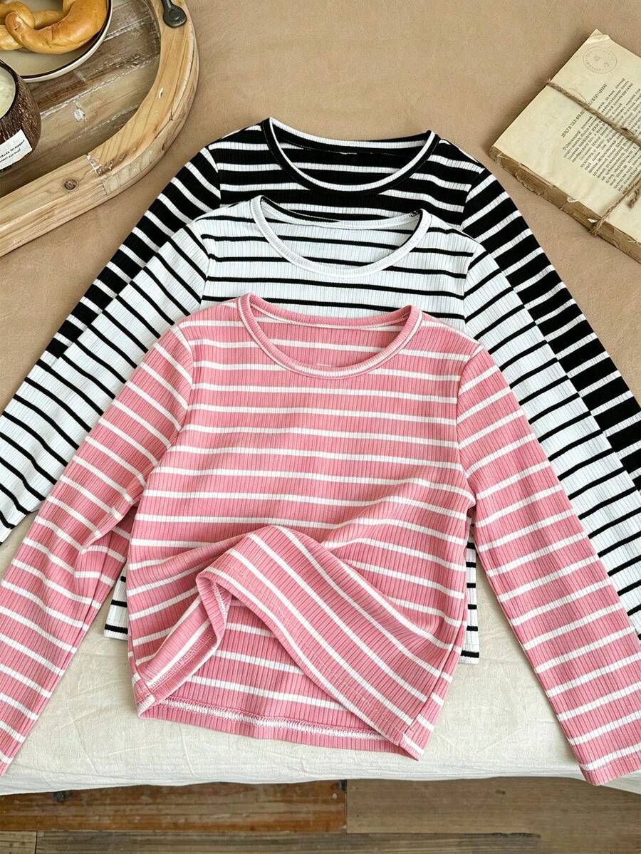 Girls 3PS Striped Long Sleeve T-Shirt, Round Neck Soft Basic Top, Casual Striped Base Layer Shirt - Multicolor - View 1