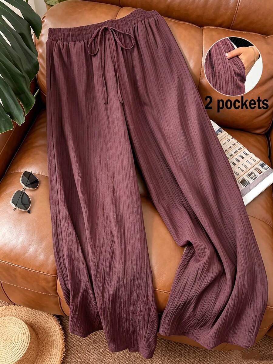 Plus Size Women's Solid Color Bohemian Style Straight Leg Pants With Drawstring - Red Violet - View 1