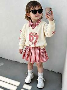 Baby Girl Number Print 2 In 1 Long Sleeve Top And Plaid Skirt - Apricot - View 7