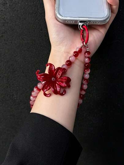 Wine Red Spider Lily Gradient Red Agate Round Bead Phone Wrist Strap, Chinese Style Red And White Tie Dye Jade Stone Beaded Lanyard, Red Spring Buckle Dual-Use Key Bag Charm, Vintage Cool New Chinese Style Hanfu Anti-Loss Phone Wrist Strap