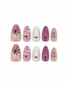 30pcs Pink Glitter Mummy Ghost Spider Bow Press-On Nails, Medium Almond Glossy Sweet Cool Pale Pink Halloween Cute Reusable 3D Fake Nails, White Wrinkled 3D Ghost, Striped Mummy Ghost, Mini Black Spider, Pink Purple Bow And Gradient Purple Glitter Nail Tips, 3D Purple Nail Art, Halloween Nail Art, Ghost Nail Art, Spider Nail Art, Suitable For Halloween Party, Light Gothic Outfit, Casual Date, Autumn Daily Look And Holiday Photo - Mauve Purple - View 3